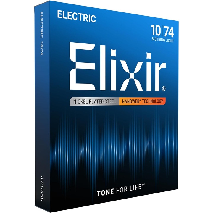 Set corzi chitara electrică Elixir, 8 corzi, otel placat cu nichel, grosime Light (10-74)