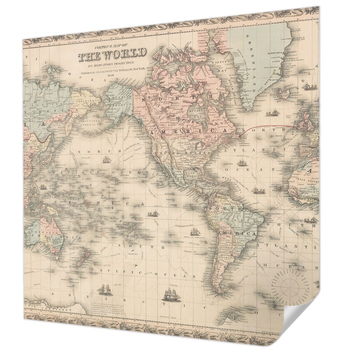 Öntapadós Dekor Tapéta, Wallfluent, Történelmi térkép, Bézs, 250 x 250 cm, Nappaliba, Konyhába, 010170060030000285503