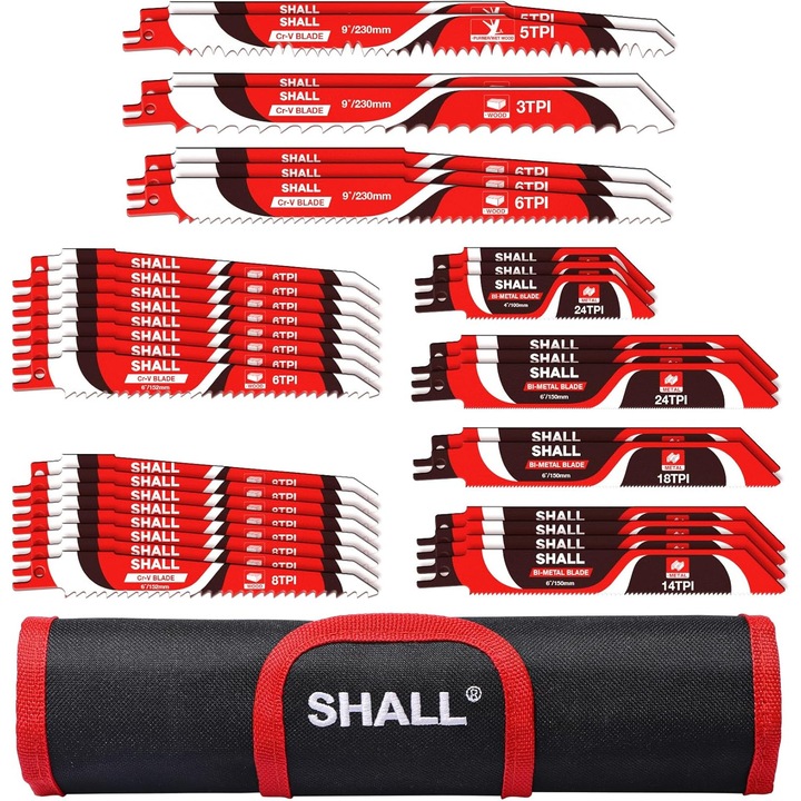 Set 34 Piese Lame Fierastrau Reciprocat SHALL, Otel Carbon si Bimetal, Sac Depozitare Inclus