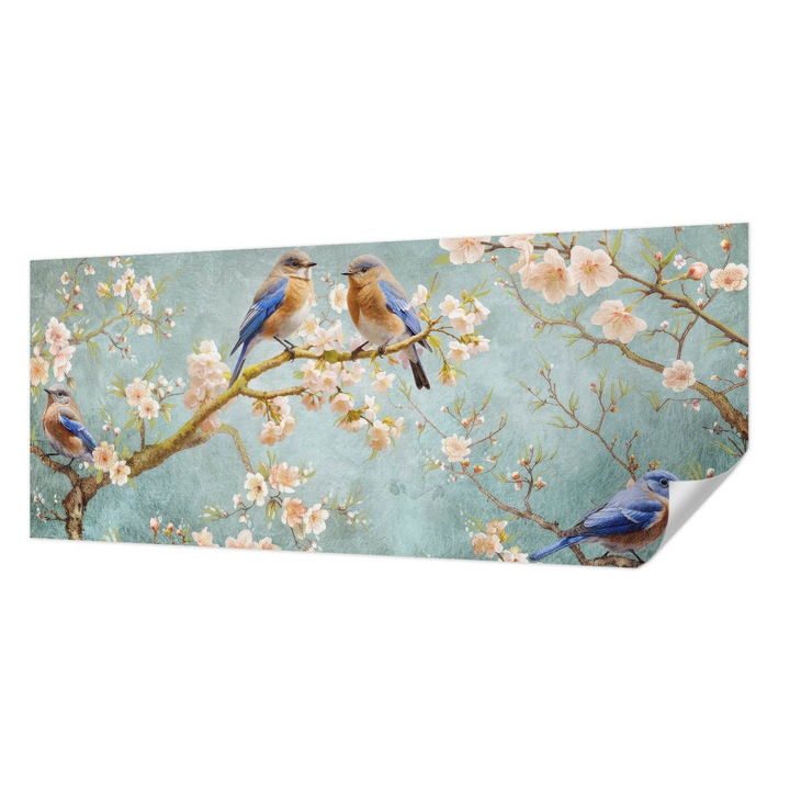 Tapet Autocolant De Perete, Wallfluent, Pasari de primavara, Albastru, 250 x 104 cm, Pentru Baie, Bucatarie, 010170060020000285332