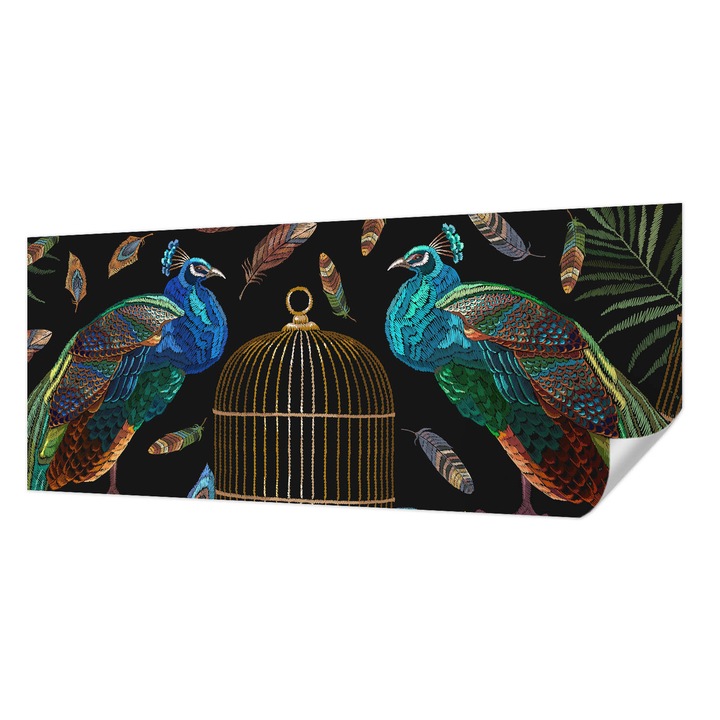 Tapet Autocolant De Perete, Wallfluent, Imagine cu paun, Negru, 250 x 104 cm, Pentru Living, Birou, Hol, 010170060020000285250