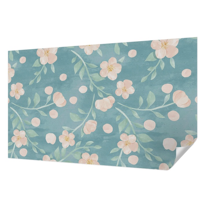 Öntapadós Tapéta Falra, Wallfluent, Virágos elegancia, Kék, 416 x 254 cm, Nappaliba, Konyhába, 010170060070000011222