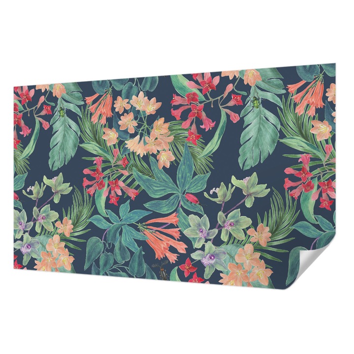 Öntapadós Dekor Tapéta, Wallfluent, Trópusi virágok, Tengerészkék, 416 x 254 cm, Erős Ragasztó, Modern Belsőépítészeti Dekoráció, 010170060070000012663