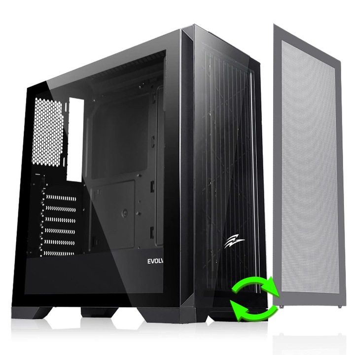 Carcasa PC EVOLVEO Ptero Q2, 2x panou frontal, negru, midi tower, sticlă și plasă