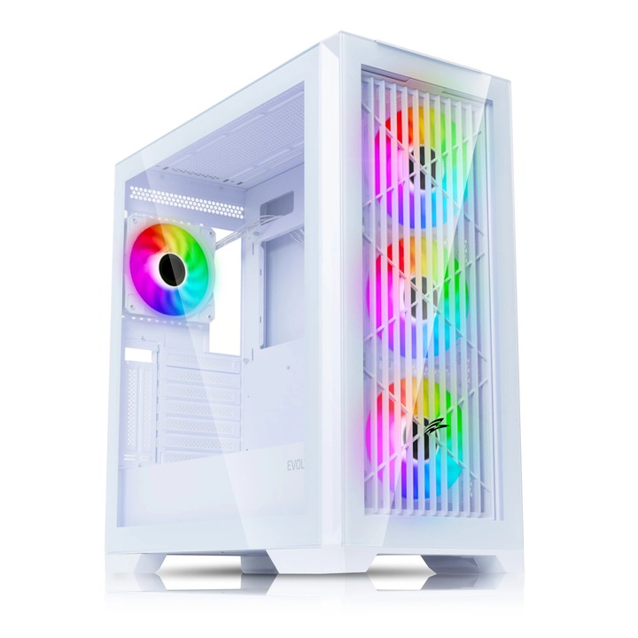 Carcasa PC Gaming EVOLVEO Ptero Q2G, ATX Midi Tower, 4 ventilatoare ARGB, sticlă temperată, alb, 215x490x472mm