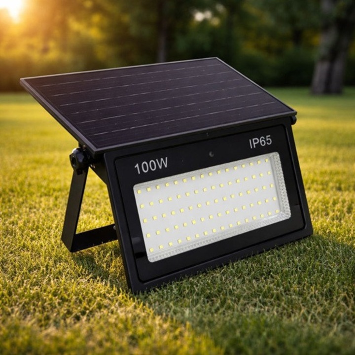 Proiector cu panou solar integrat 100W, 285x175x52mm, 1300lm, IP65, 6500K