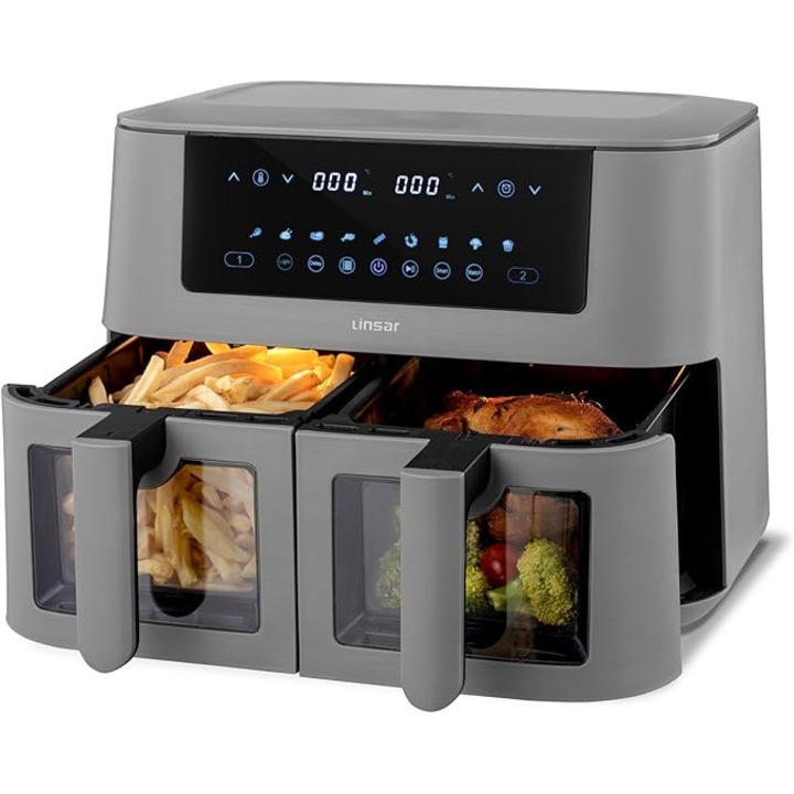 Linsar Hot Air Fryer 8 L, 2 Camere, 9 Programe, Cosuri Non-Stick Detasabile, Afisaj Digital, 3000 W, Functie Dual Zone