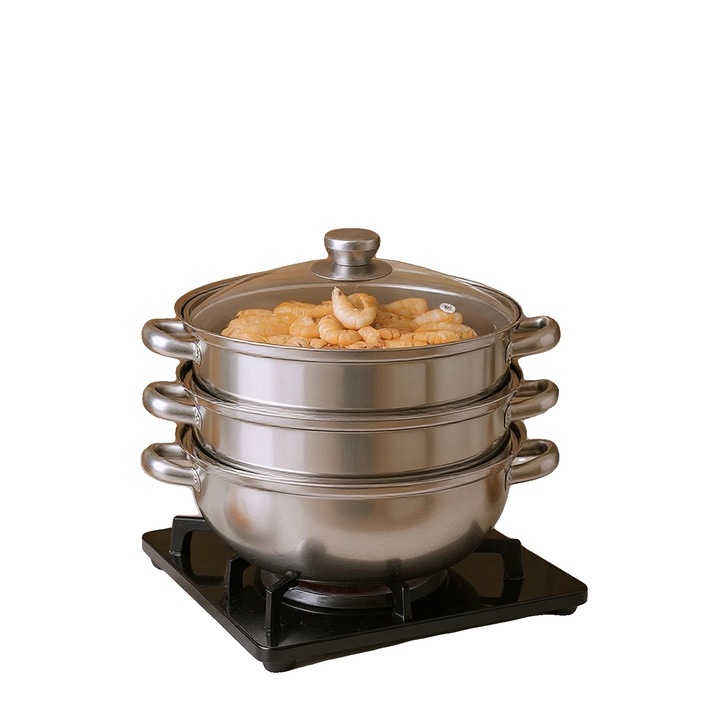 Oala de aburire, 3 niveluri, 28 cm, otel inoxidabil, capac din sticla rezistent la explozie