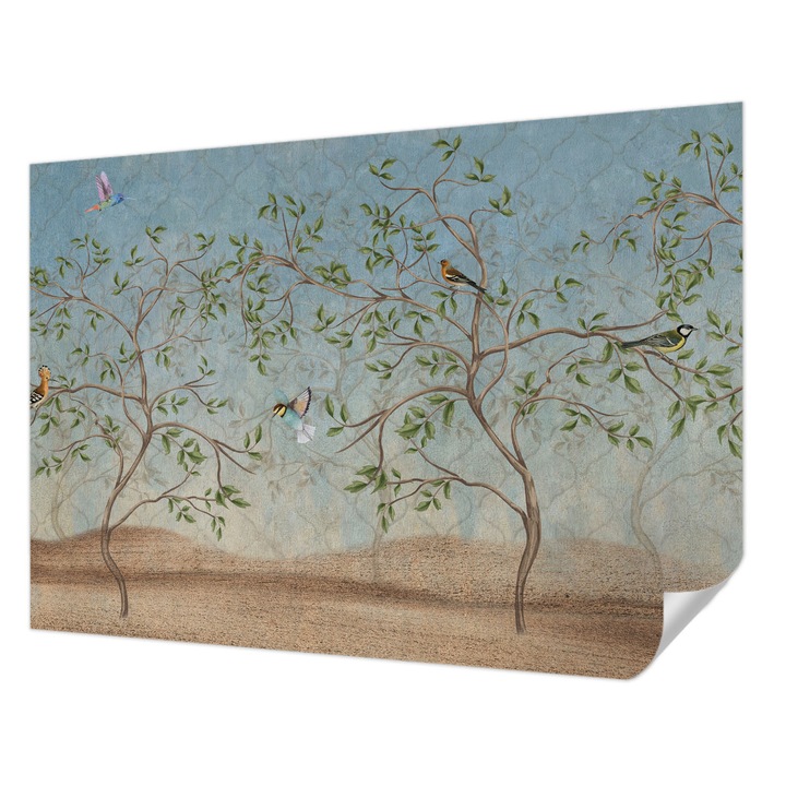 Tapet Autodeziv De Perete, Wallfluent, Pasari in copaci, Gri, 208 x 146 cm, Pentru Living, Birou, Hol, 010170060950000285249