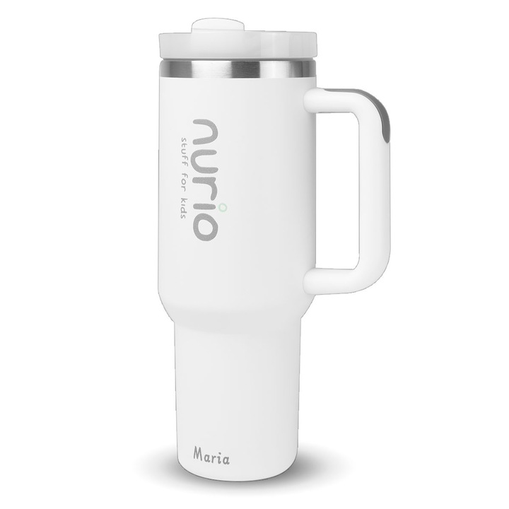 Sticlă termică inox, Nurio, 1.180 ml, alb, cu pai și maner