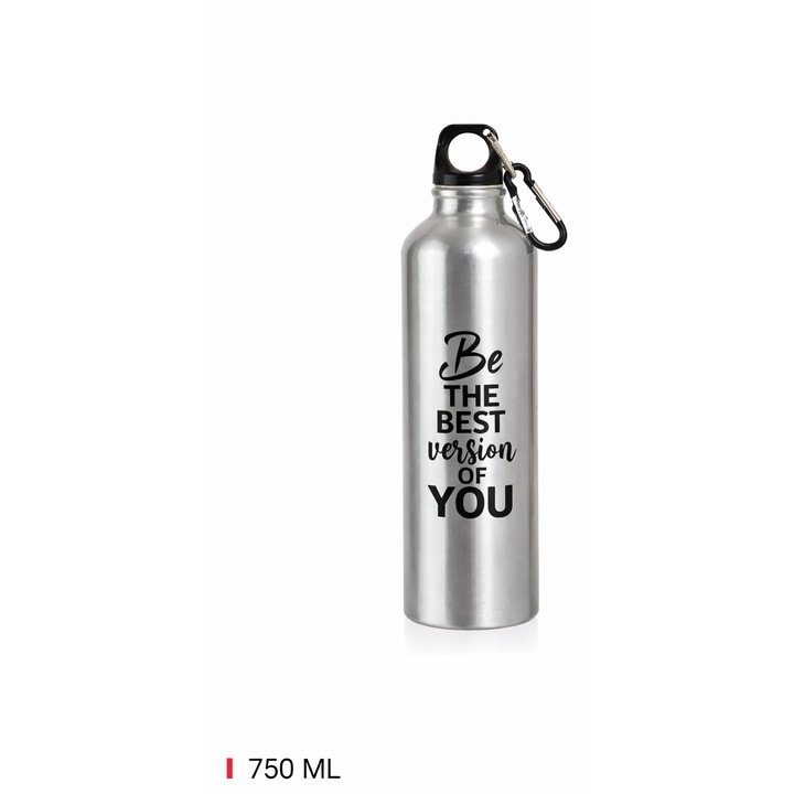 Sticla sport aluminium 750 ml, reutilizabila, cu carabina, argintie