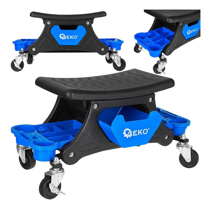 Scaun rotativ pentru atelier Geko, 360° rotire, constructie durabila, negru/albastru, 64x33x26cm