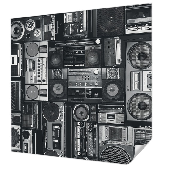 Öntapadós Tapéta Falra, Wallfluent, Retro rádió, Fekete, 250 x 250 cm, Dekoráció, Klasszikus, 010170060030000020672