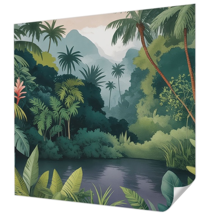 Öntapadós Tapéta Fali Dekoráció, Wallfluent, Egzotikus táj, Zöld, 250 x 250 cm, Klasszikus, Könnyen Felszerelhető, 010170060030000284720