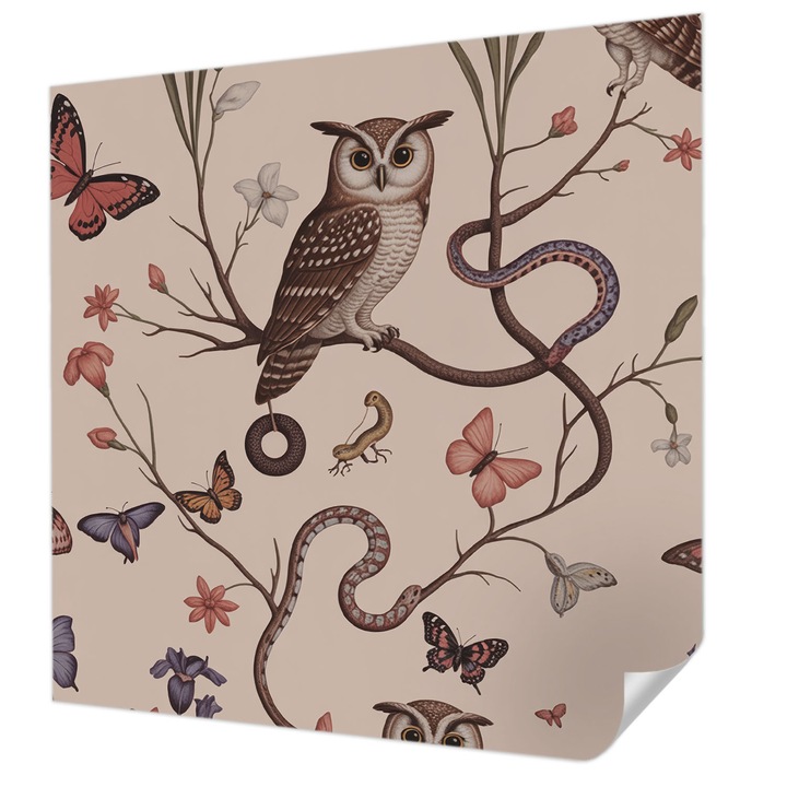 Öntapadós Dekor Tapéta, Wallfluent, Bagoly természet, Bézs, 250 x 250 cm, Nappaliba, Konyhába, 010170060030000284967