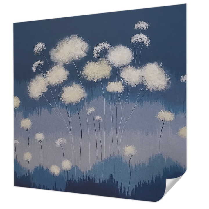 Öntapadós Tapéta Falra, Wallfluent, Fehér pitypangok, Tengerészkék, 250 x 250 cm, Fali Dekoráció, Nedvesség- És Foltálló, 010170060030000284979