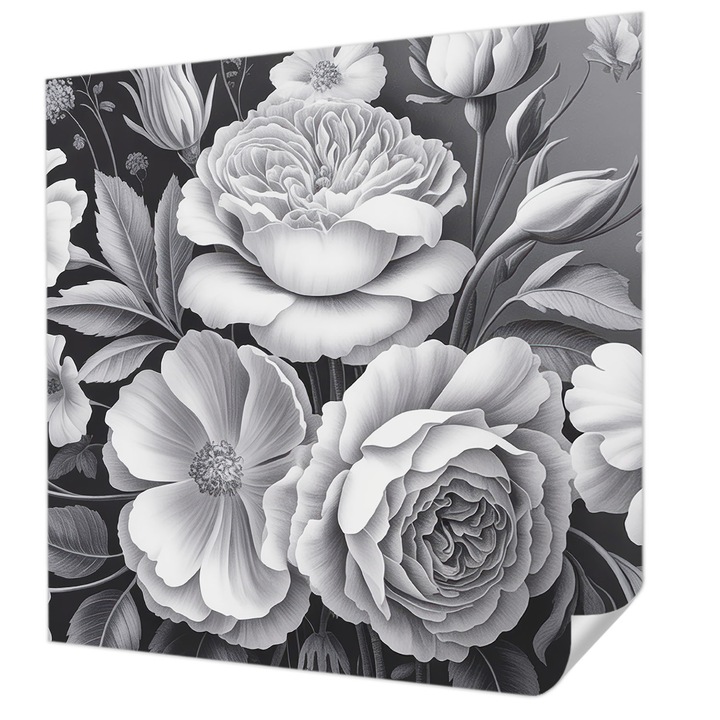 Öntapadós Tapéta Fali Dekoráció, Wallfluent, Szürke virágok, Fekete, 250 x 250 cm, Könnyen Tisztítható, Nedvességálló, 010170060030000285071