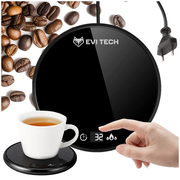 Incalzitor Electric pentru Cana EVI TECH HEATSPOT, Panou Tactil LCD, Oprire Automata, Putere 18W, Diametru 12 cm, Negru