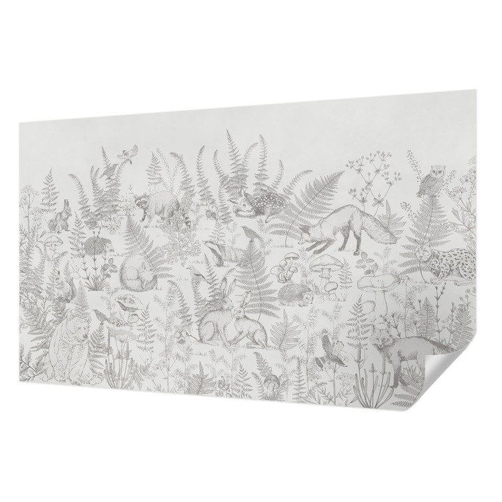 Öntapadós Tapéta Fali Dekoráció, Wallfluent, Erdei állatok, Szürke, 416 x 254 cm, Modern Dizájn, Könnyen Felszerelhető És Tisztítható, 010170060070000282739