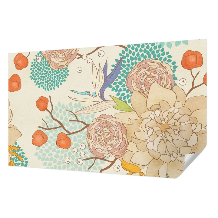 Öntapadós Tapéta Falra, Wallfluent, Virágos fantázia, Fehér, 416 x 254 cm, Nappaliba, Konyhába, 010170060070000282788