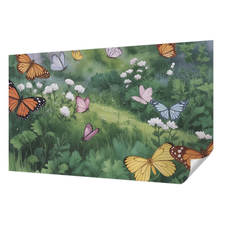 Öntapadós Tapéta Falra, Wallfluent, Pillangók a réten, Zöld, 416 x 254 cm, Könnyen Tisztítható, Nedvességálló, 010170060070000284723
