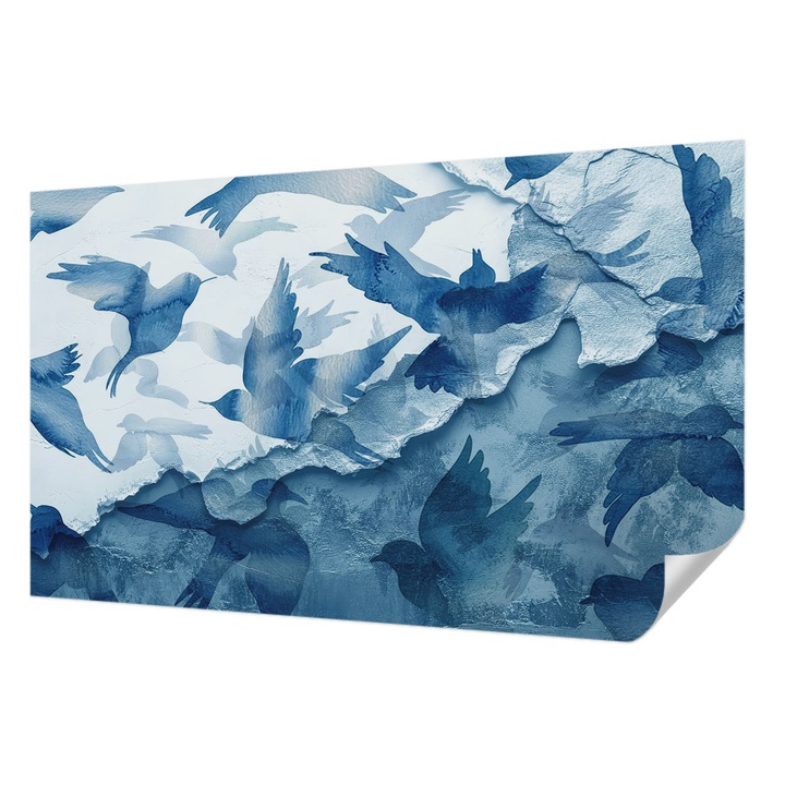 Öntapadós Tapéta Fali Dekoráció, Wallfluent, Dinamikus madarak, Kék, 416 x 254 cm, Előszobába, Hálószobába, 010170060070000284976