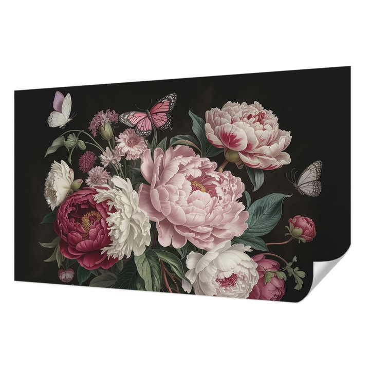 Öntapadós Dekor Tapéta, Wallfluent, Pünkösdi rózsák és pillangók, Fekete, 416 x 254 cm, Erős Ragasztó, Modern Belsőépítészeti Dekoráció, 010170060070000285098