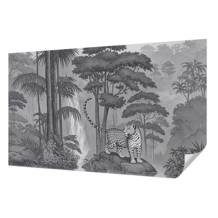 Tapet Autocolant De Perete, Wallfluent, Jungla tropicala, Gri, 416 x 254 cm, Pentru Living, Birou, Hol, 010170060070000285175