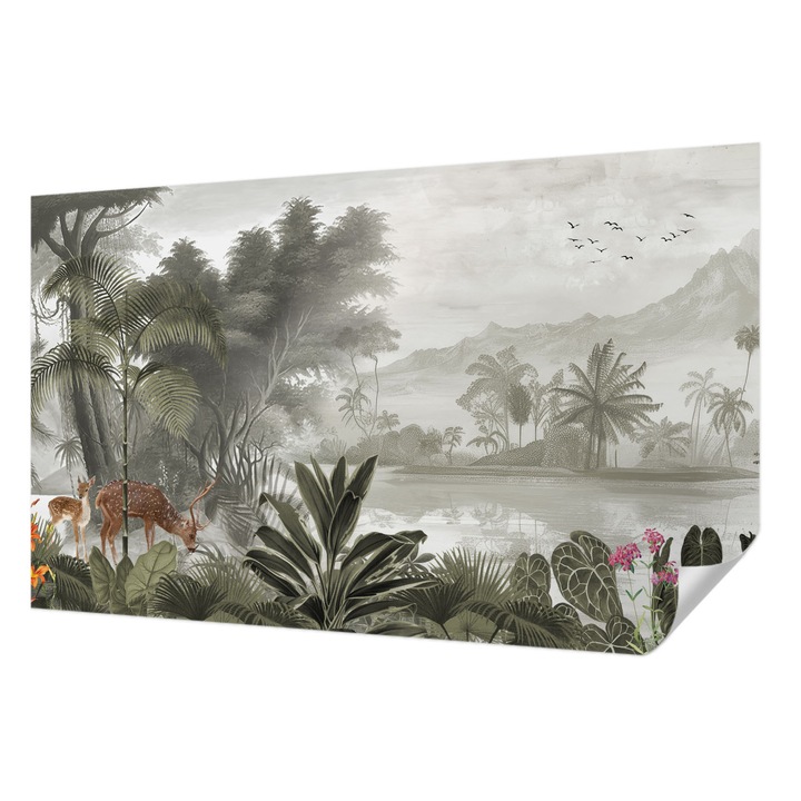 Tapet Autodeziv De Perete, Wallfluent, Oaza tropicala, Gri, 416 x 254 cm, Adeziv Puternic, Usor De Montat Si Rezistent, 010170060070000285246