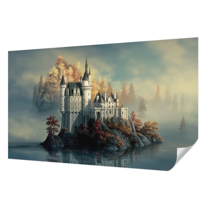 Tapet Textil Autocolant, Wallfluent, Castel de basm, Albastru, 416 x 254 cm, Pentru Baie, Bucatarie, 010170060070000284854