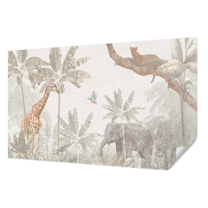 Tapet Textil Autocolant, Wallfluent, Oaza tropicala, Alb, 416 x 254 cm, Pentru Sufragerie, Dormitor, 010170060070000285258