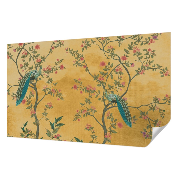 Tapet Textil Autocolant, Wallfluent, Pauni, Galben, 416 x 254 cm, Pentru Living, Birou, Hol, 010170060070000285259