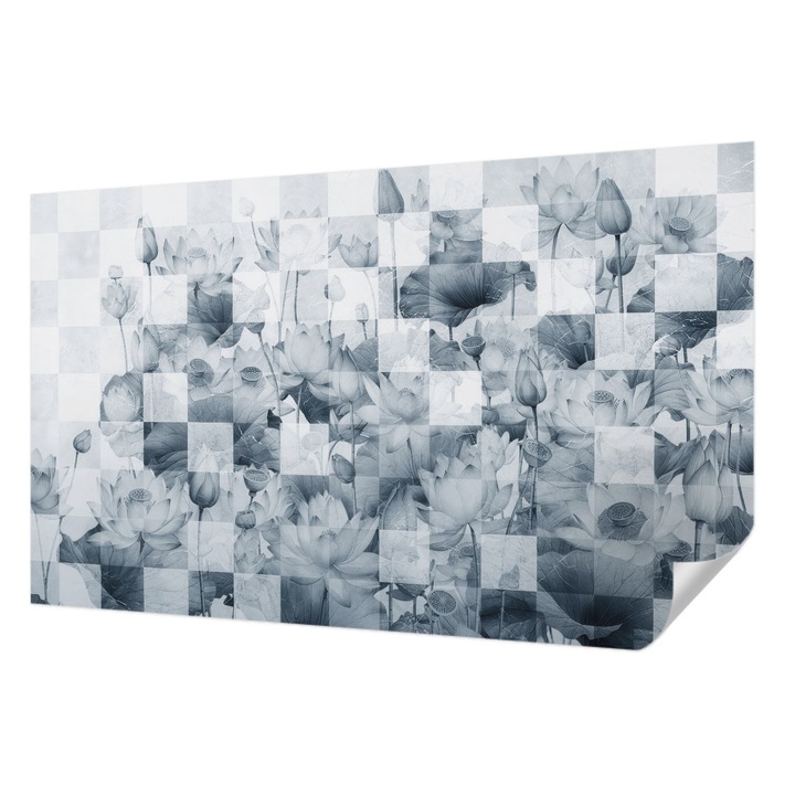 Fali Fotótapéta Autocolant, Wallfluent, Flori de lotus, Albastru, 416 x 254 cm, Pentru Baie, Bucatarie, 010170060070000285275