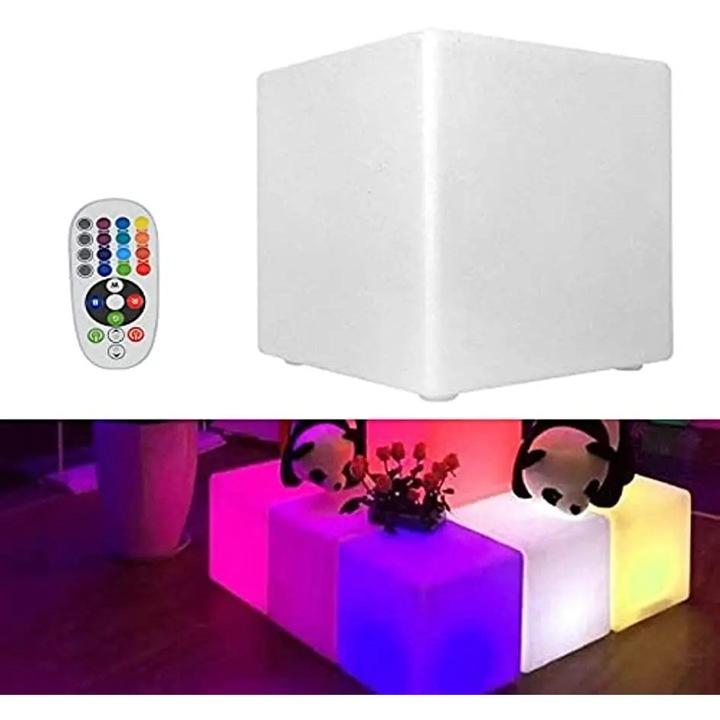 Taburet LED cubic, Alb, 30x30x30 cm, Schimbare culoare RGB, Telecomandă IR