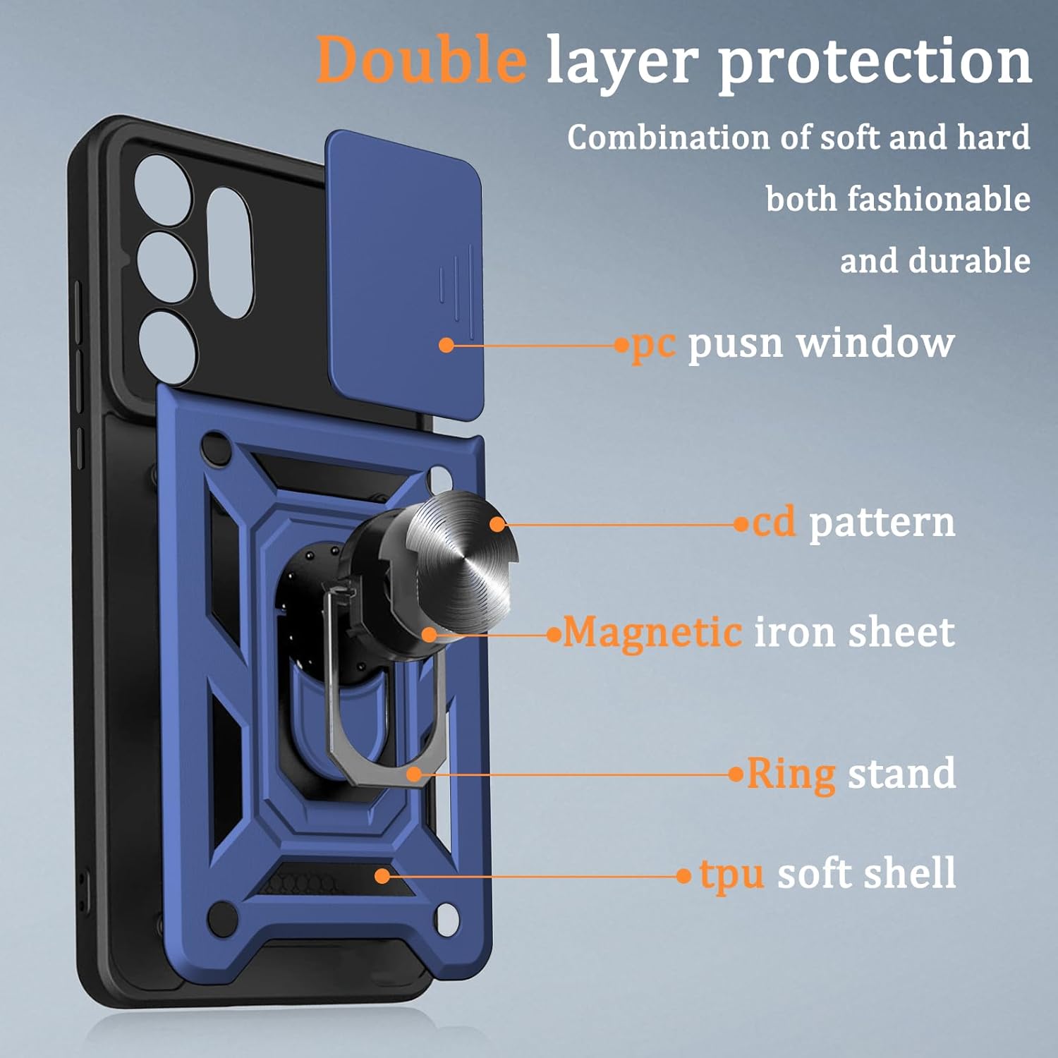 Husa antisoc compatibila cu Samsung Galaxy S26 Ultra, design Armour, protectie camera cu clapa glisanta, Albastru