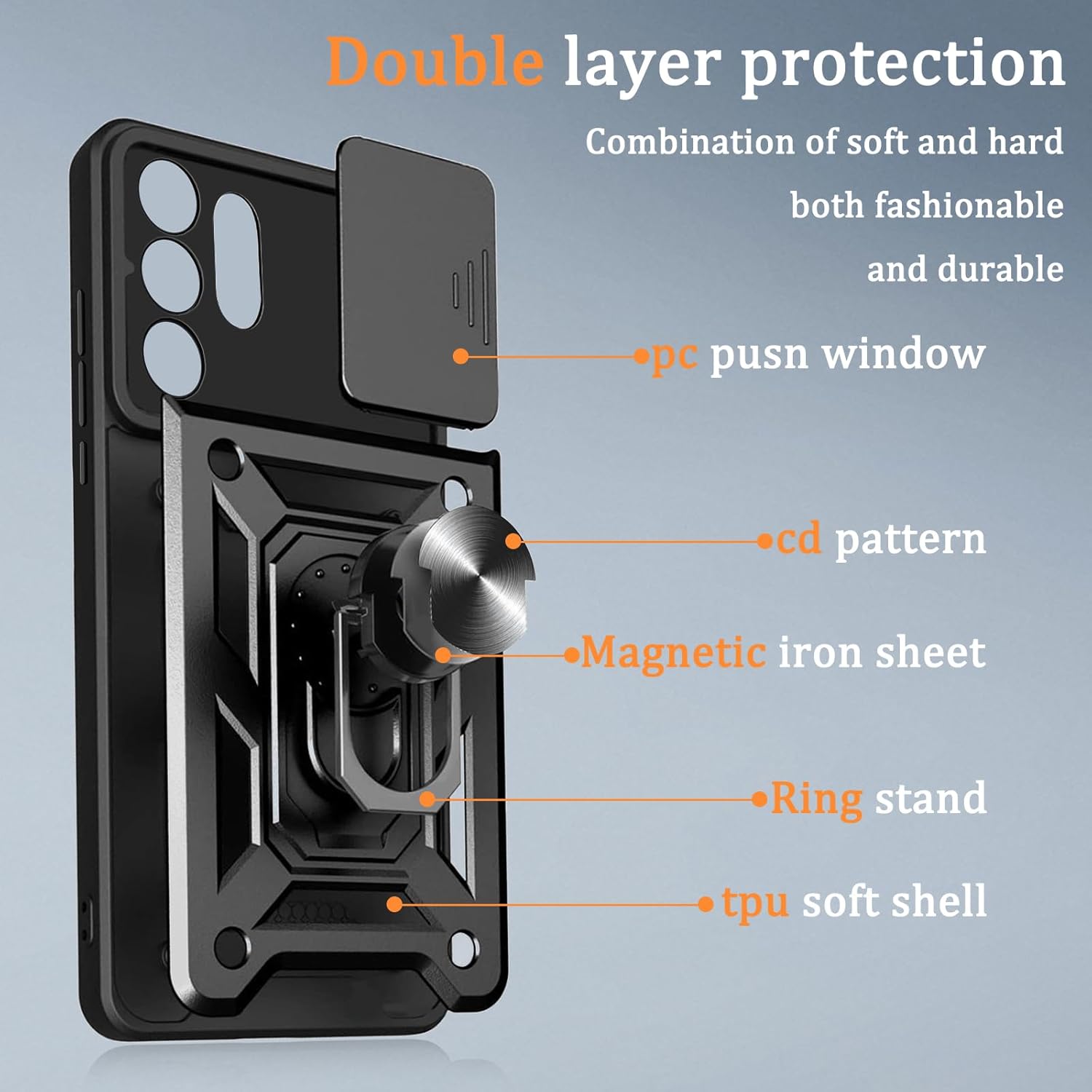 Husa antisoc compatibila cu Samsung Galaxy S26 Ultra, design Armour, protectie camera cu clapa glisanta, Negru