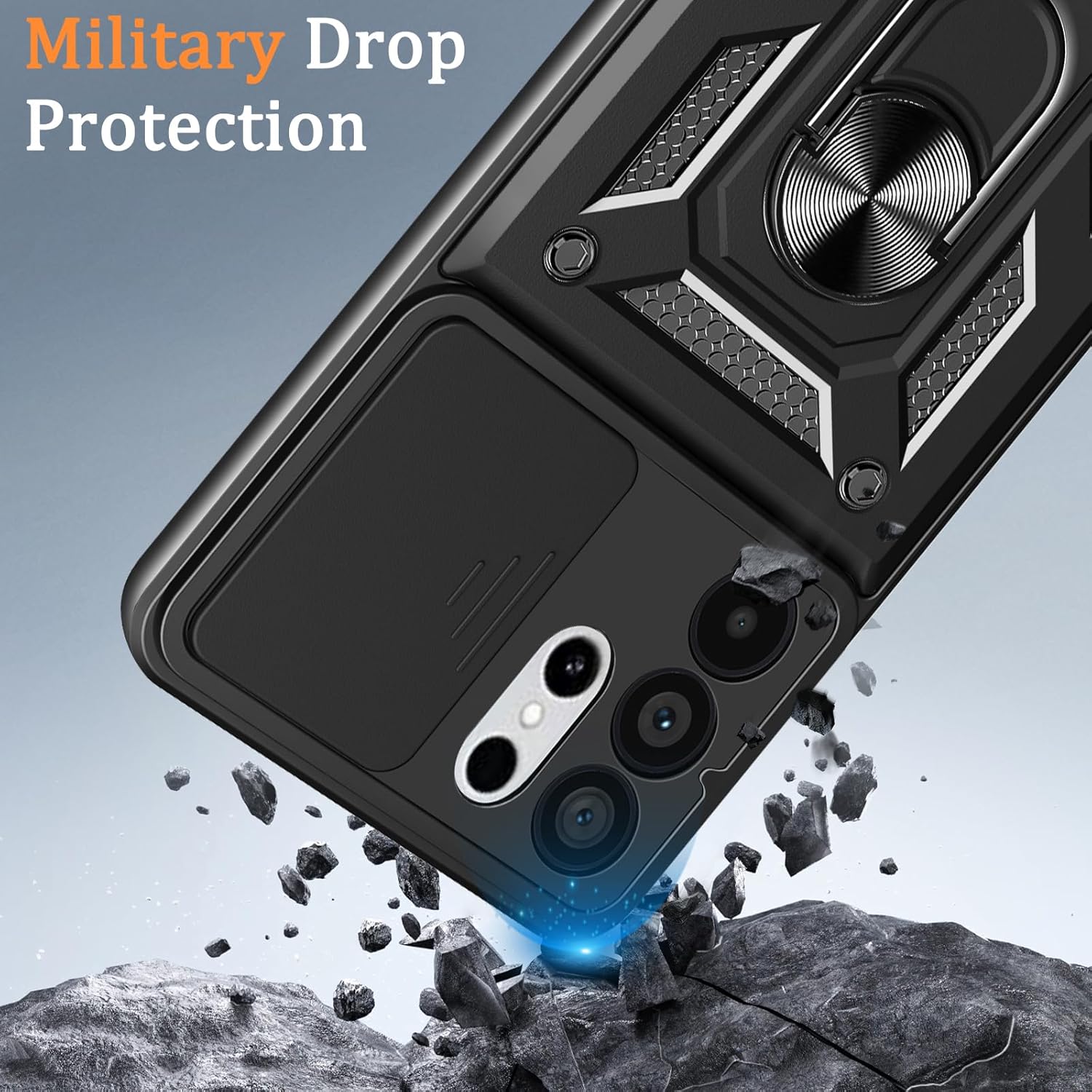 Husa antisoc compatibila cu Samsung Galaxy S26 Ultra, design Armour, protectie camera cu clapa glisanta, Negru