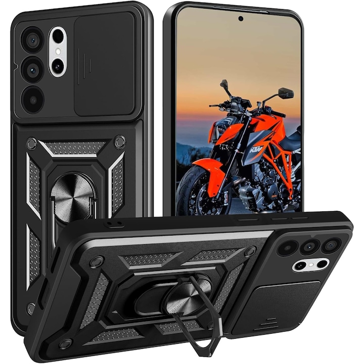Husa antisoc compatibila cu Samsung Galaxy S26 Ultra, design Armour, protectie camera cu clapa glisanta, Negru