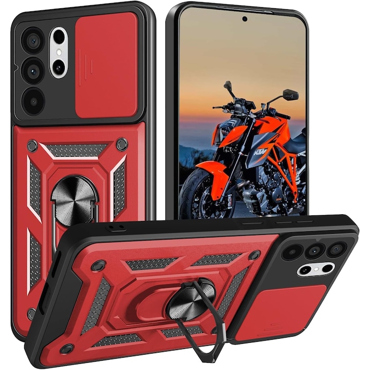 Husa antisoc compatibila cu Samsung Galaxy S26 Ultra, design Armour, protectie camera cu clapa glisanta, Rosu