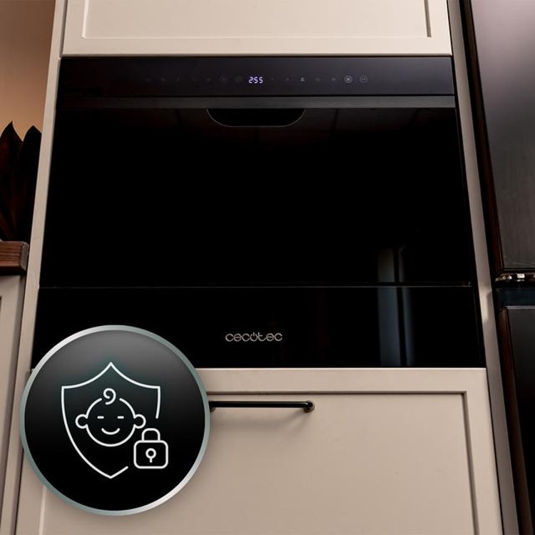 Mini masina de spalat vase Cecotec, Bolero Aguazero 2500 S-BI Black, capacitate 6 seturi, 5 programe prestabilite, Child Lock, Delay Start, panou de control tactil, cos pentru tacamuri, design modern, negru