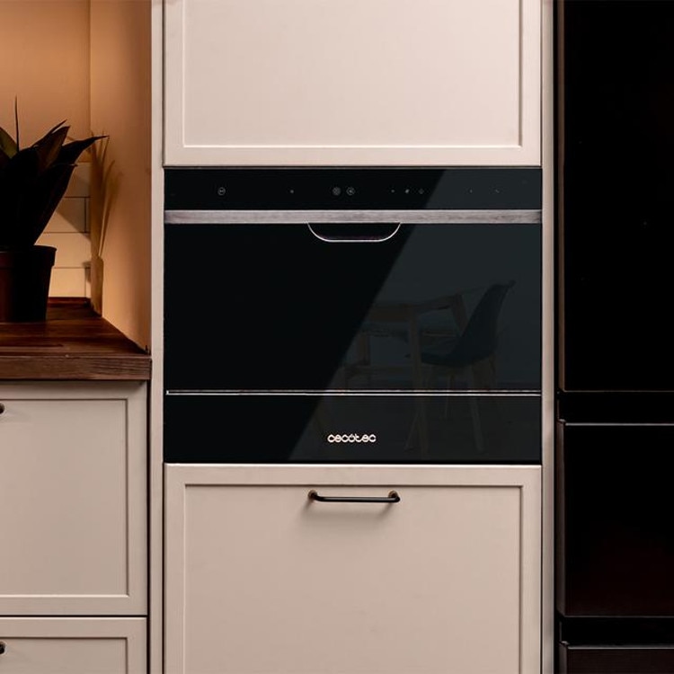 Mini masina de spalat vase Cecotec, Bolero Aguazero 2500 S-BI Black, capacitate 6 seturi, 5 programe prestabilite, Child Lock, Delay Start, panou de control tactil, cos pentru tacamuri, design modern, negru