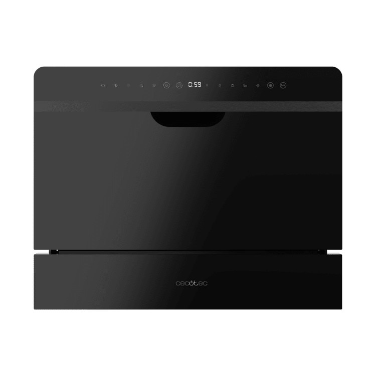 Mini masina de spalat vase Cecotec, Bolero Aguazero 2500 S-BI Black, capacitate 6 seturi, 5 programe prestabilite, Child Lock, Delay Start, panou de control tactil, cos pentru tacamuri, design modern, negru