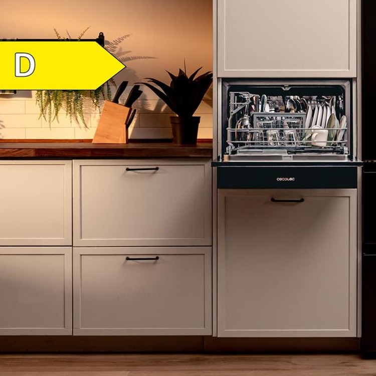 Mini masina de spalat vase Cecotec, Bolero Aguazero 2500 S-BI Black, capacitate 6 seturi, 5 programe prestabilite, Child Lock, Delay Start, panou de control tactil, cos pentru tacamuri, design modern, negru