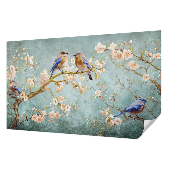 Öntapadós Tapéta Falra, Wallfluent, Tavaszi madarak, Kék, 416 x 254 cm, Modern Dizájn, Könnyen Felszerelhető És Tisztítható, 010170060070000285332