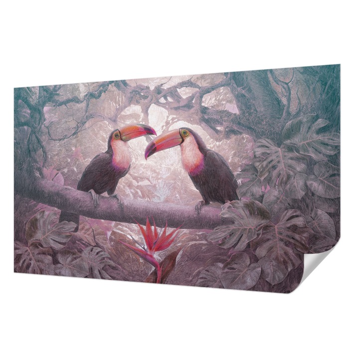 Öntapadós Fotótapéta Falra, Wallfluent, Egzotikus pár, Rózsaszín, 416 x 254 cm, Nappaliba, Konyhába, 010170060070000285344