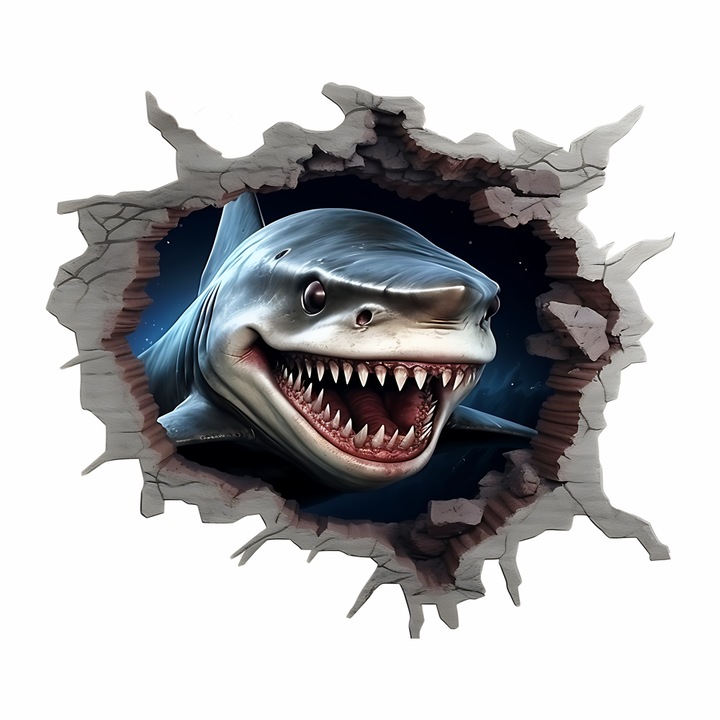 Sticker decorativ perete 3D Rechin, autocolant textil premium repozitionabil, print eco, 60x50 cm, gura deschisa - fata