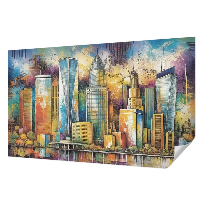 Tapet Autocolant De Perete, Wallfluent, Panorama orasului, Albastru, 416 x 254 cm, Pentru Sufragerie, Dormitor, 010170060070000285005