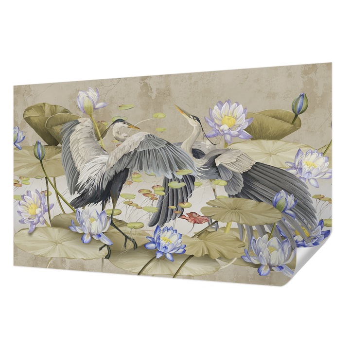 Tapet Autodeziv De Perete, Wallfluent, Pasari si crini, Bej, 416 x 254 cm, Pentru Interior, Usor De Curatat, 010170060070000285245