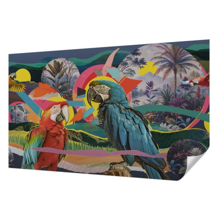 Öntapadós Tapéta Falra, Wallfluent, Egzotikus madarak, Kék, 416 x 254 cm, Előszobába, Hálószobába, 010170060070000285304