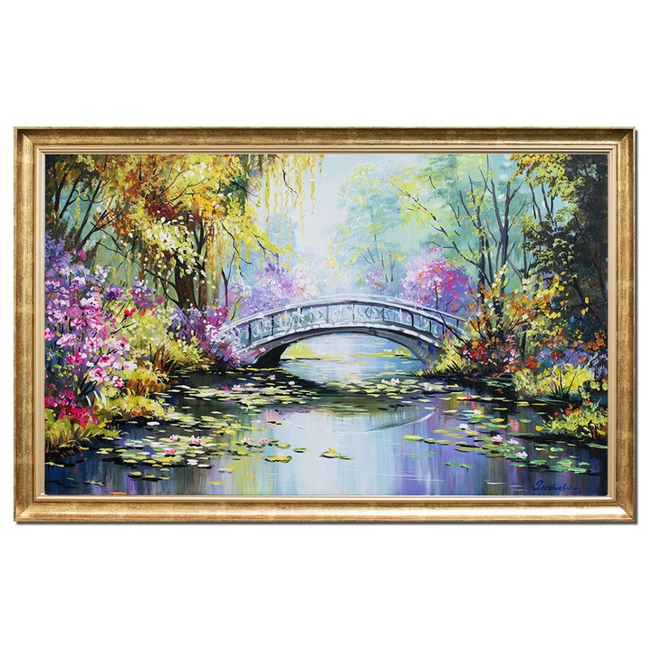 Tablou celebru inramat pictat manual living, Podul japonez, 100x60cm ulei pe panza rama din lemn, reproducere Claude Monet